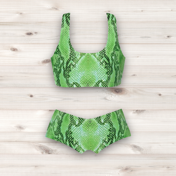 Women's Wrestling Crop Top and Booty Shorts Set - Green Reptile Skin Print