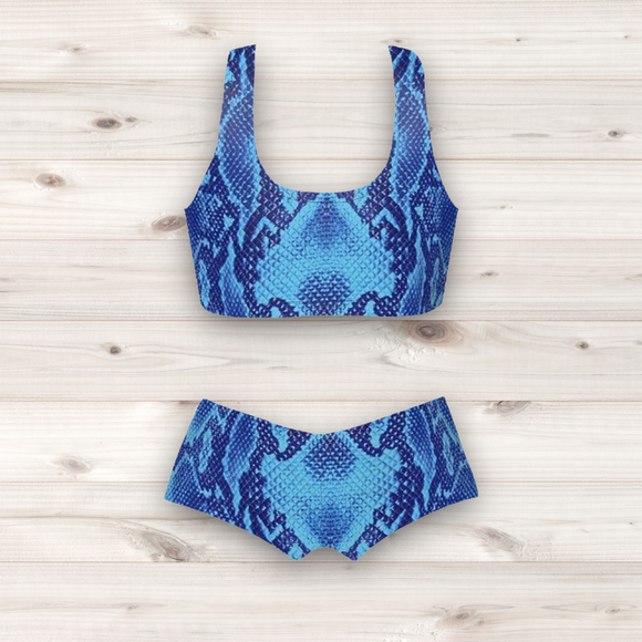Women's Wrestling Crop Top and Booty Shorts Set - Blue Reptile Skin Print
