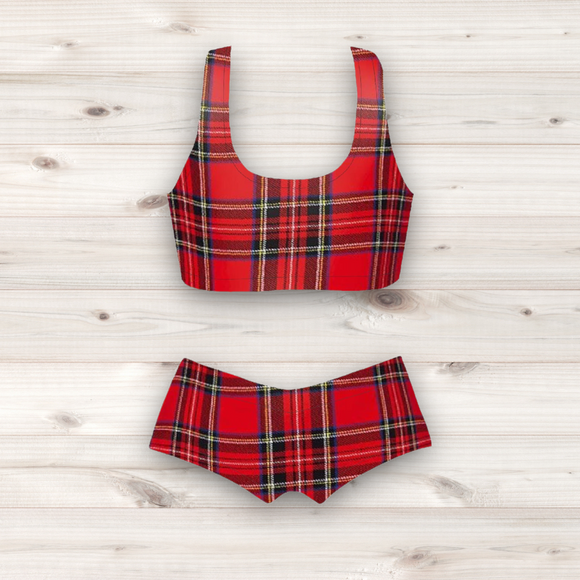 Women's Wrestling Crop Top and Booty Shorts Set - Red Tartan Print