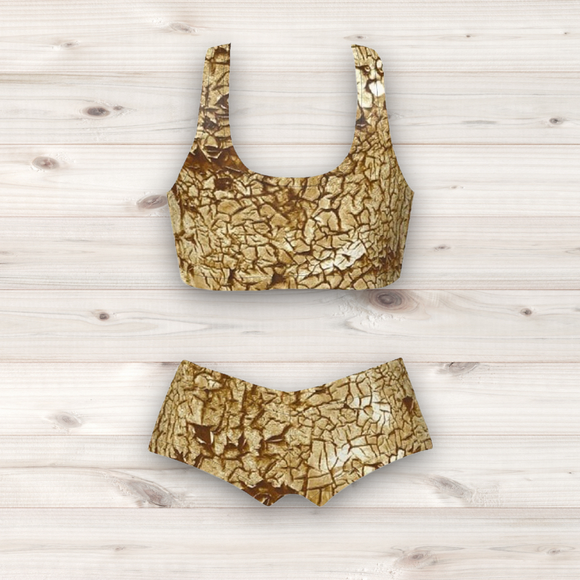 Women's Wrestling Crop Top and Booty Shorts Set - Gold Crackle Print