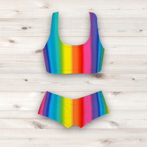 Women's Wrestling Crop Top and Booty Shorts Set - Rainbow Stripe Print