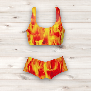 Women's Wrestling Crop Top and Booty Shorts Set - Fire Print