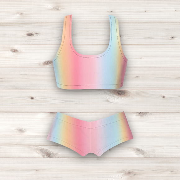 Women's Wrestling Crop Top and Booty Shorts Set - Pastel Stripe Print