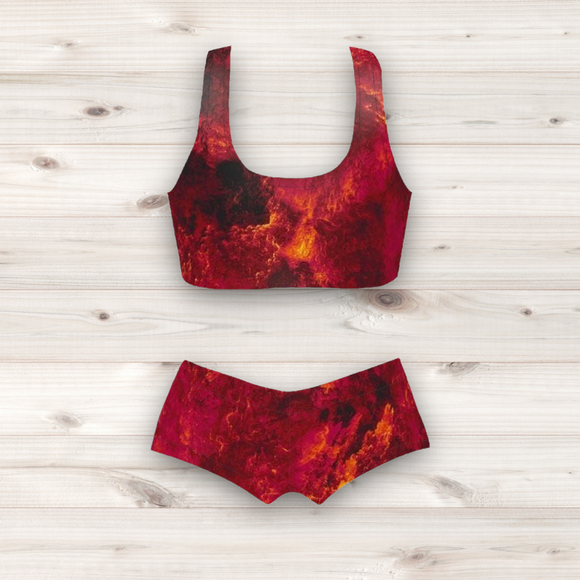 Women's Wrestling Crop Top and Booty Shorts Set - Red Venetian Print