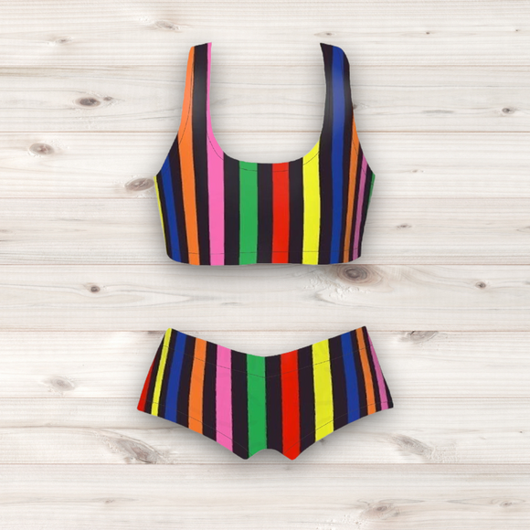 Women's Wrestling Crop Top and Booty Shorts Set - Multi Stripe Print