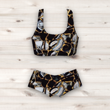 Women's Wrestling Crop Top and Booty Shorts Set - Black Garnet Print