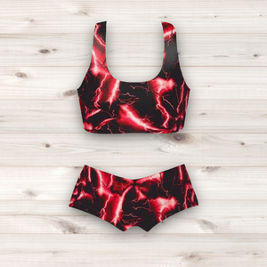 Women's Wrestling Crop Top and Booty Shorts Set - Red Lightning Print