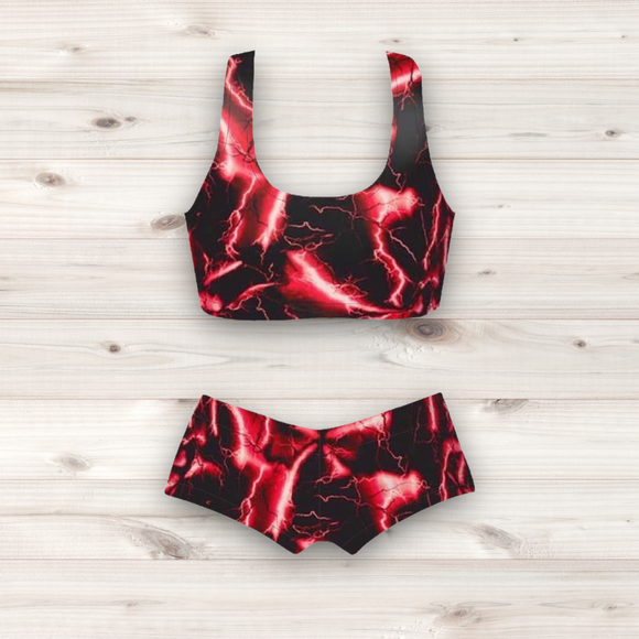 Women's Wrestling Crop Top and Booty Shorts Set - Red Lightning Print