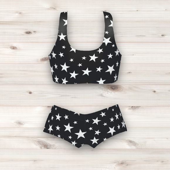 Women's Wrestling Crop Top and Booty Shorts Set - Black and White Star Print
