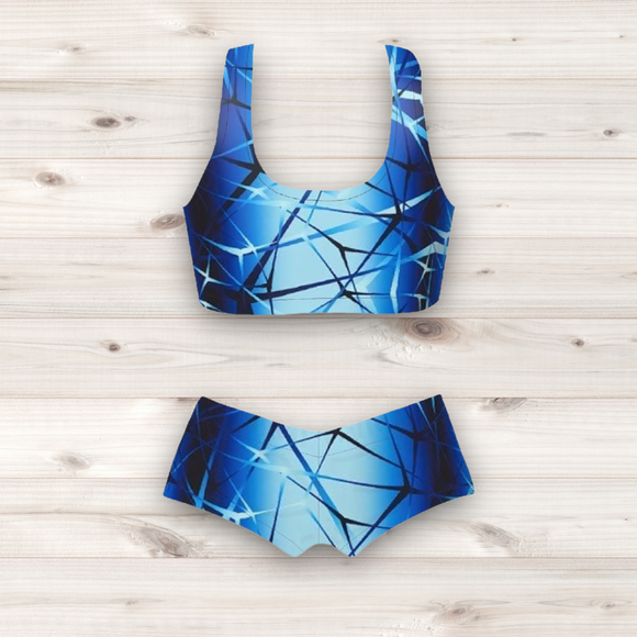 Women's Wrestling Crop Top and Booty Shorts Set - Blue Neurons Print