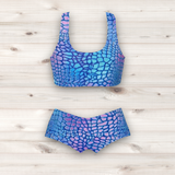 Women's Wrestling Crop Top and Booty Shorts Set - Blue Komodo Print