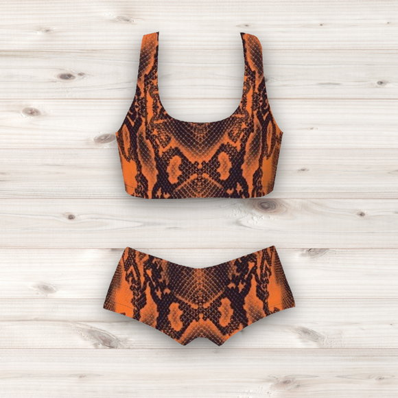 Women's Wrestling Crop Top and Booty Shorts Set - Orange Reptile Skin Print