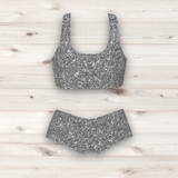 Women's Wrestling Crop Top and Booty Shorts Set - Silver Glitter Print