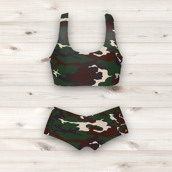 Women's Wrestling Crop Top and Booty Shorts Set - Green Camo Print