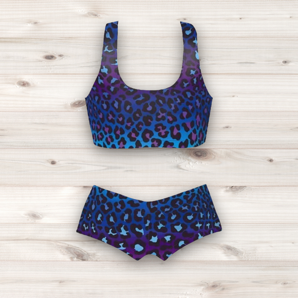 Women's Wrestling Crop Top and Booty Shorts Set - Blue Ombre Animal Print