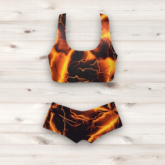 Women's Wrestling Crop Top and Booty Shorts Set - Orange Lightning Print