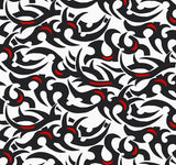 a black and white pattern with red accents