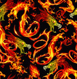 a pattern of red and yellow flames on a black background