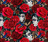 a pattern of red roses and a woman's face