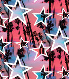 a pattern of stars and palm trees on a pink and blue background
