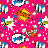a pink background with comic boom and stars