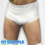 a man with a tattoo on his stomach wearing white underwear
